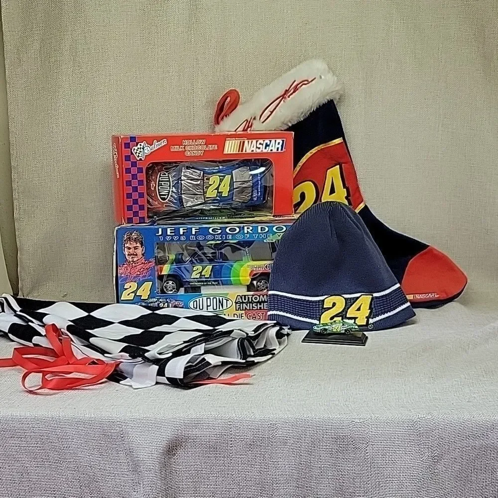 Nascar Jeff Gordon bundle. Candy Car, xmas stocking, tree skirt, hat, mini car.